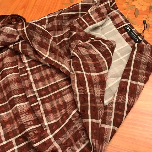 Zara Checkered print chiffon crinkle effect midi skirt with front slit Sz.XS - Picture 7 of 11